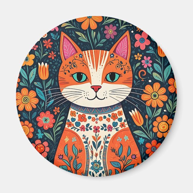 Whimsical Folk Art Cat und Blume Magnet (Vorne)