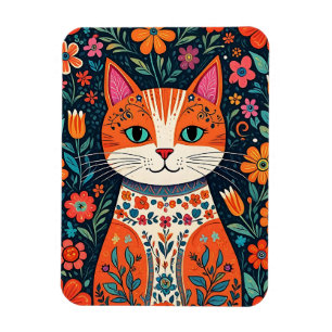 Whimsical Folk Art Cat und Blume Magnet