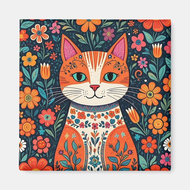 Whimsical Folk Art Cat und Blume Magnet (Vorne)