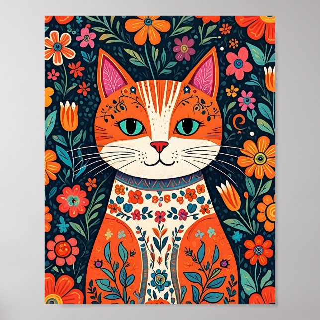 Whimsical Folk Art Cat und Blume Poster (Vorne)