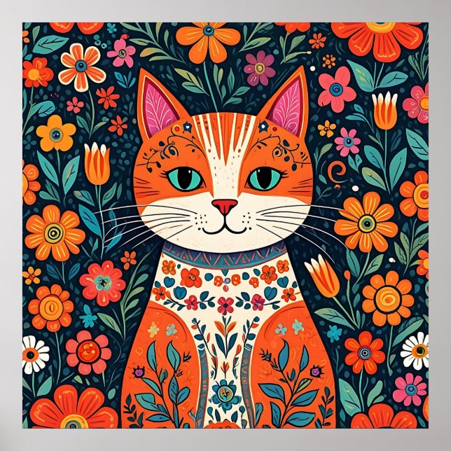 Whimsical Folk Art Cat und Blume Poster (Vorne)