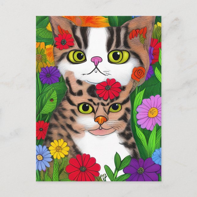 Whimsical Folk Art Cat und Blume Postkarte (Vorderseite)
