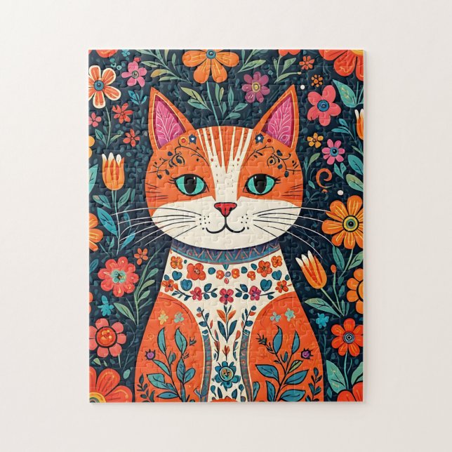 Whimsical Folk Art Cat und Blume Puzzle (Vertikal)