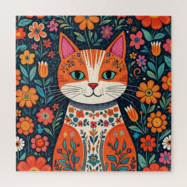 Whimsical Folk Art Cat und Blume Puzzle (Vertikal)