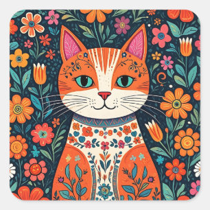 Whimsical Folk Art Cat und Blume Quadratischer Aufkleber