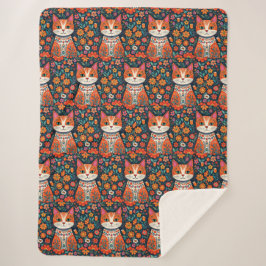 Whimsical Folk Art Cat und Blume Sherpadecke