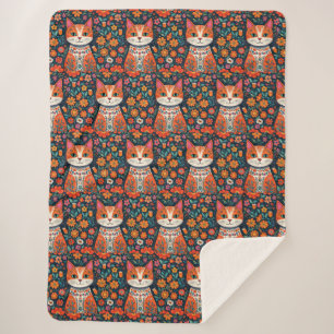 Whimsical Folk Art Cat und Blume Sherpadecke