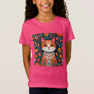 Whimsical Folk Art Cat und Blume T-Shirt
