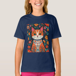 Whimsical Folk Art Cat und Blume T-Shirt