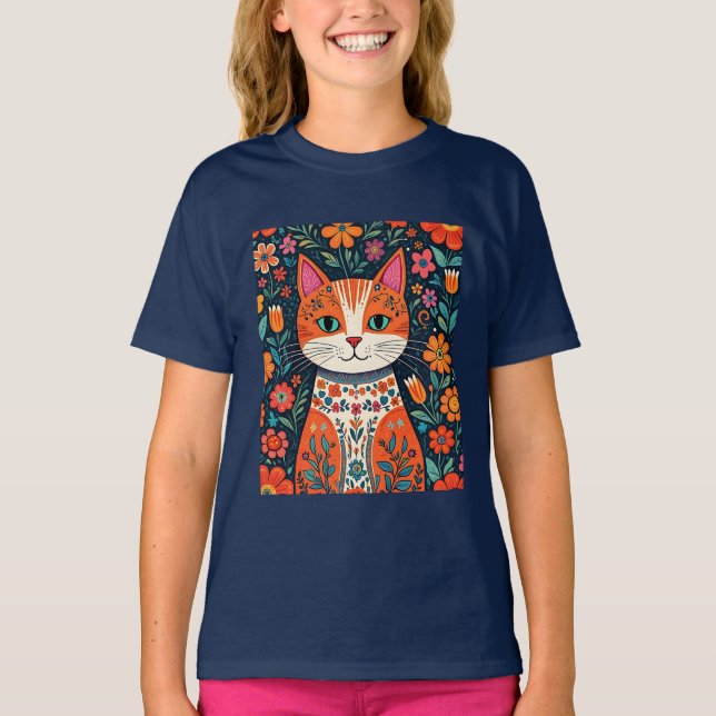 Whimsical Folk Art Cat und Blume T-Shirt (Vorderseite)