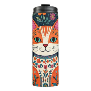 Whimsical Folk Art Cat und Blume Thermosbecher