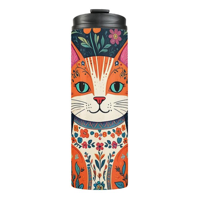 Whimsical Folk Art Cat und Blume Thermosbecher (Vorderseite)