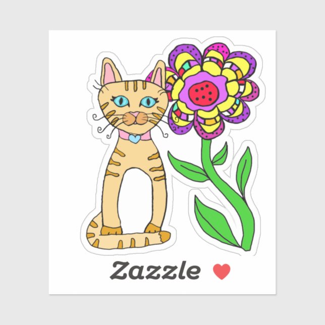Whimsical Folk Art Cat und farbenfrohe Blume Aufkleber (Blatt)