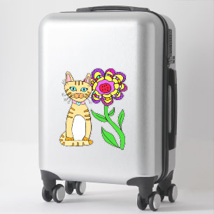 Whimsical Folk Art Cat und farbenfrohe Blume Aufkleber