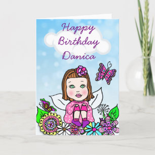 Whimsical Folk Art Fairy Girl Happy Birthday Karte