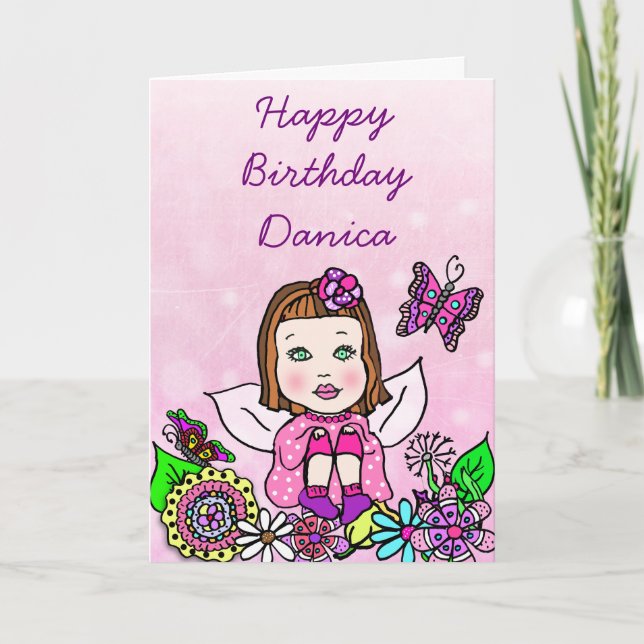 Whimsical Folk Art Fairy Girl Happy Birthday Karte (Vorderseite)