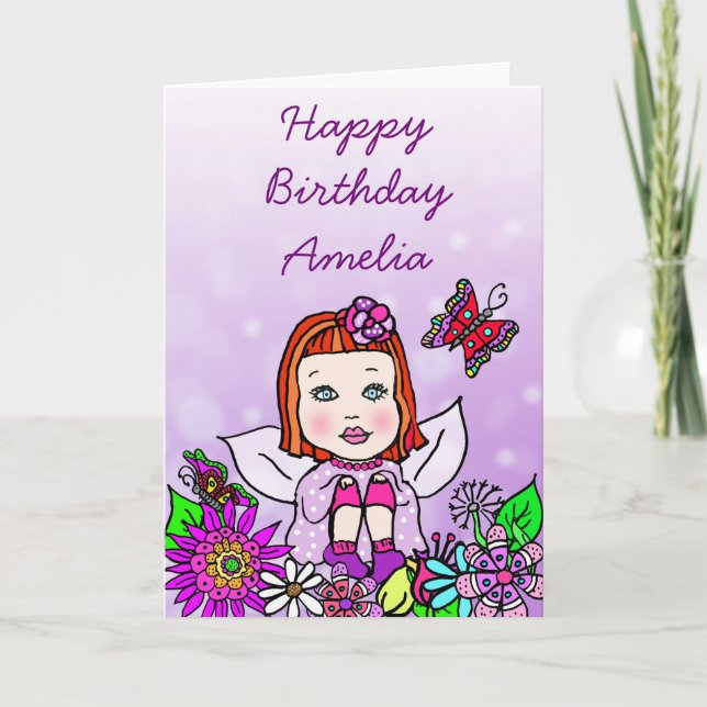 Whimsical Folk Art Fairy Girl Happy Birthday Karte (Vorderseite)