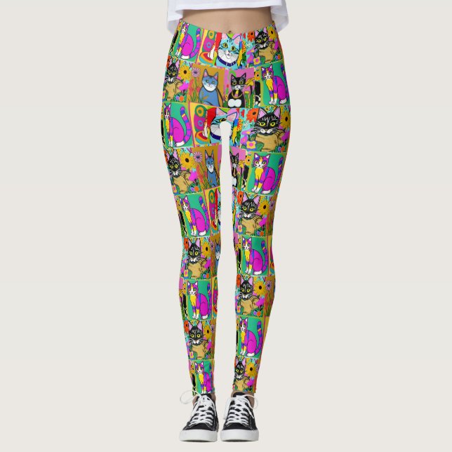 Whimsical Folk Art farbenfrohe Katzen Leggings (Vorderseite)