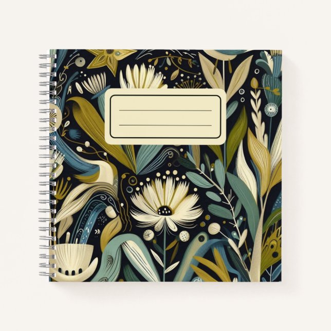 Whimsical Folk Art Floral & Bird Aquamarine Wildbl Notizbuch (Vorderseite)