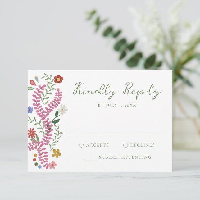 Whimsical Folk Art Floral Wedding RSVP Karte (Stehend Vorderseite)