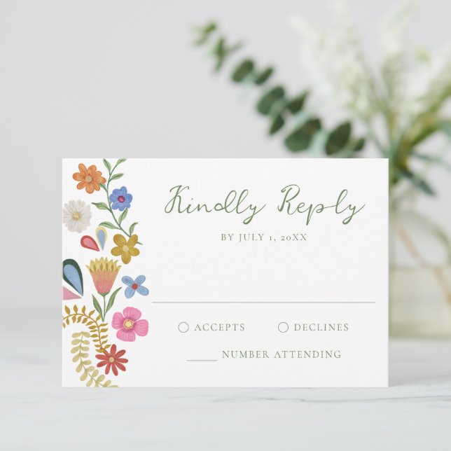 Whimsical Folk Art Floral Wedding RSVP Karte (Stehend Vorderseite)