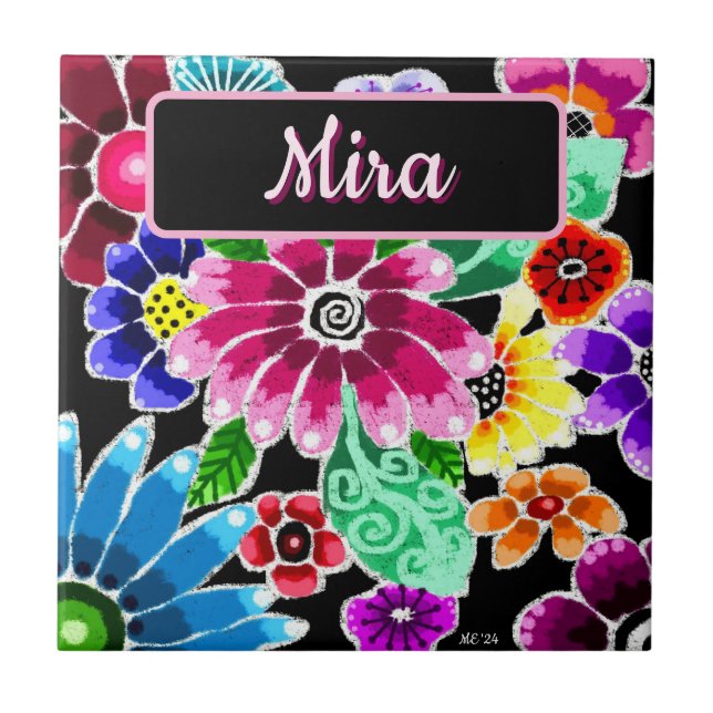 Whimsical Folk-Art Flowers Floral Personalized Fliese (Vorderseite)