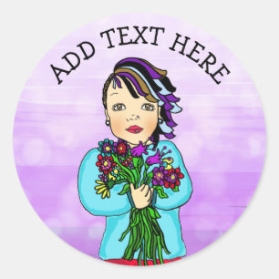 Whimsical Folk Art Girl mit Blume Schöner Tag Runder Aufkleber