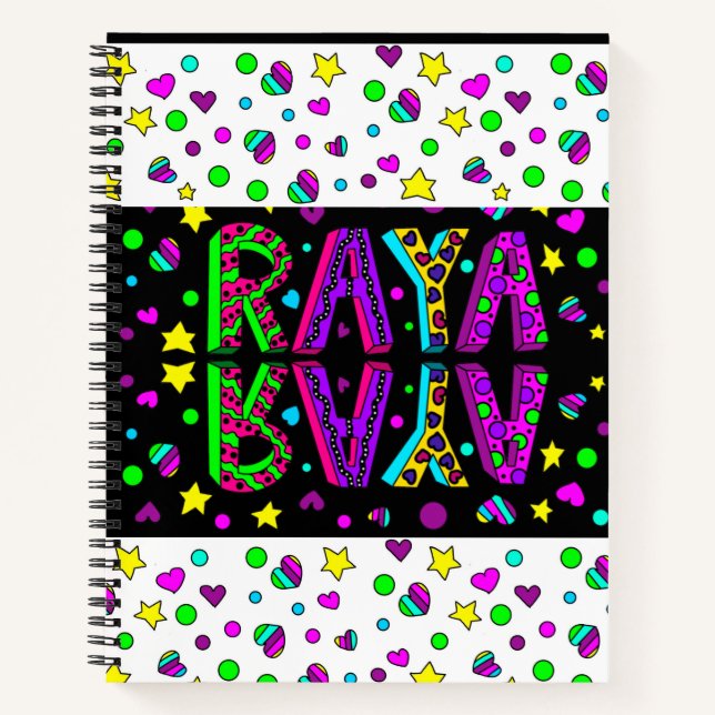 Whimsical Folk Art Girl's Name Raya Notizbuch (Vorderseite)