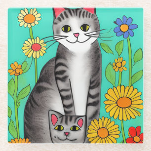 Whimsical Folk Art Gray Cat and Kitten Glasuntersetzer