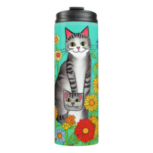 Whimsical Folk Art Gray Cat and Kitten Thermosbecher