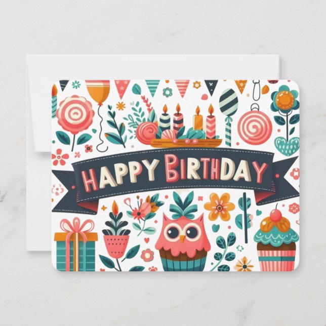 Whimsical Folk Art Happy Birthday Owl Blumen Einladung (Vorderseite)