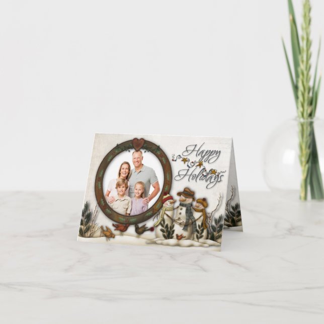 Whimsical Folk Art Snowmen Weihnachtsfotokarte Feiertagskarte (Vorderseite)