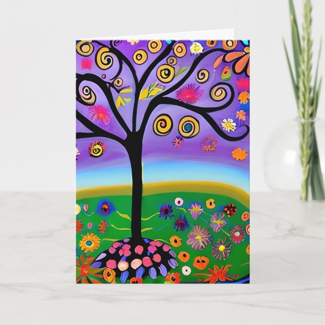 Whimsical Folk Art Style Tree Blank Karte (Vorderseite)