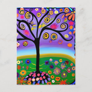 Whimsical Folk Art Style Tree   Sprichwort Hi Postkarte