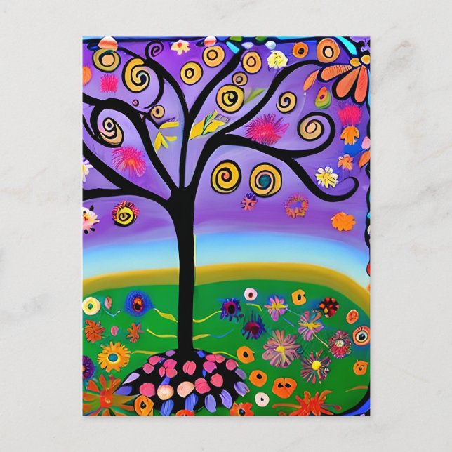 Whimsical Folk Art Style Tree | Sprichwort Hi Postkarte (Vorderseite)