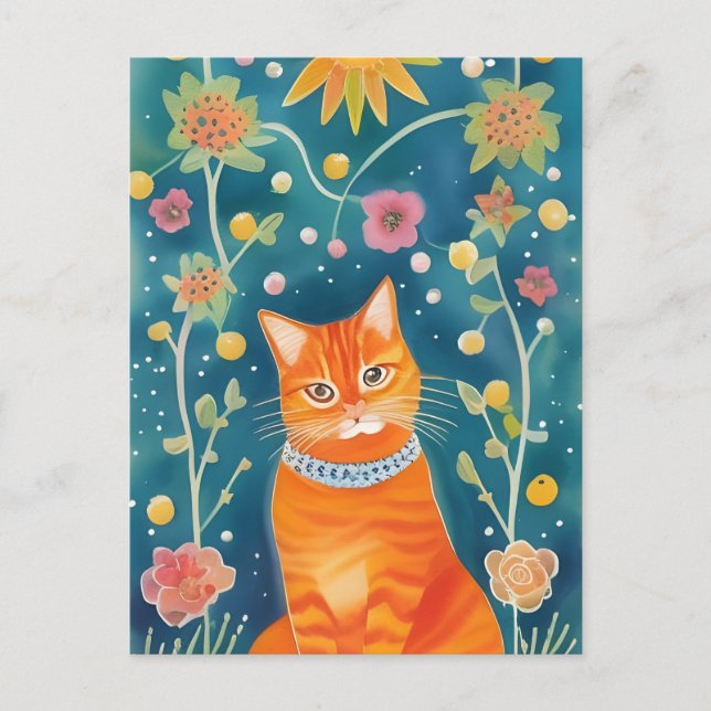 Whimsical Folk Art Tabby Cat Postkarte (Vorderseite)