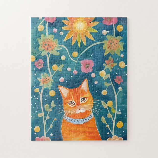 Whimsical Folk Art Tabby Cat Puzzle (Vertikal)