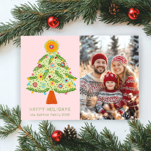 Whimsical Folk Christmas Tree CUSTOM FOTO Feiertagskarte