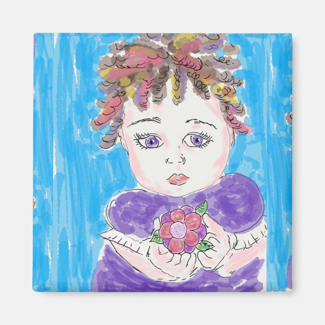 Whimsical Folk Sketched Hübsch Little Girl Magnet (Vorne)