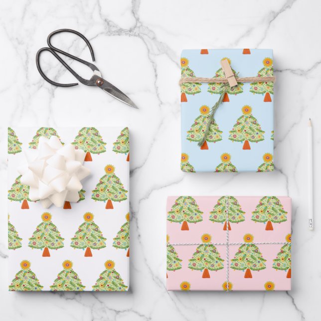 Whimsical Folk Weihnachtsbaum Urlaub Geschenkpapier Set (Vorderseite)