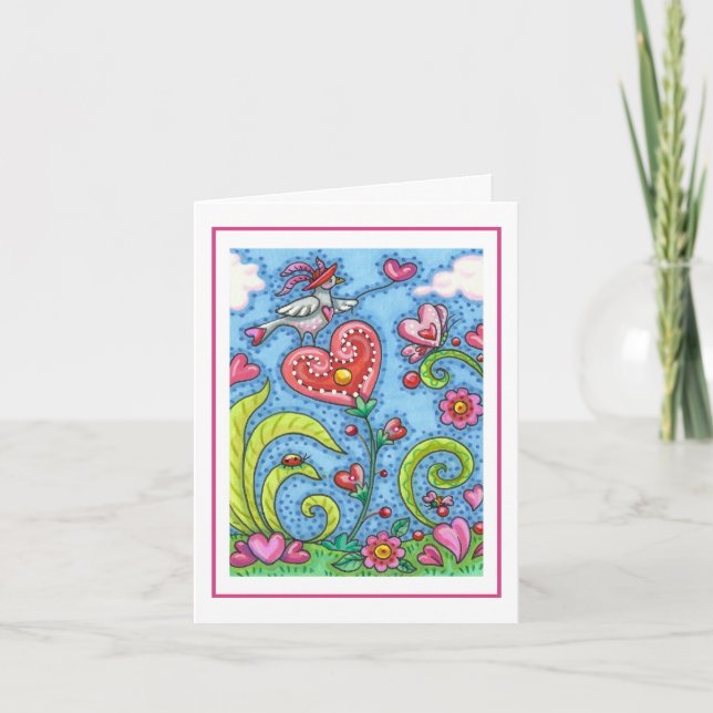 WHIMSICAL FOLKART BIRD, PINK HEARTS GARDEN Blank Karte (Vorderseite)
