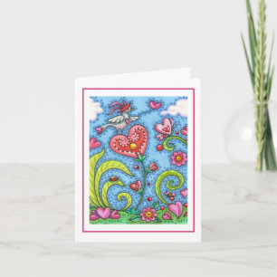 WHIMSICAL FOLKART BIRD, PINK HEARTS GARDEN Blank Karte