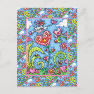 WHIMSICAL FOLKART BIRD, VALENTINE HERZ GARDEN FEIERTAGSPOSTKARTE