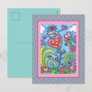 WHIMSICAL FOLKART BIRD, VALENTINE HERZ GARDEN FEIERTAGSPOSTKARTE