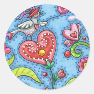 WHIMSICAL FOLKART BIRD, VALENTINE HERZ GARDEN RUNDER AUFKLEBER