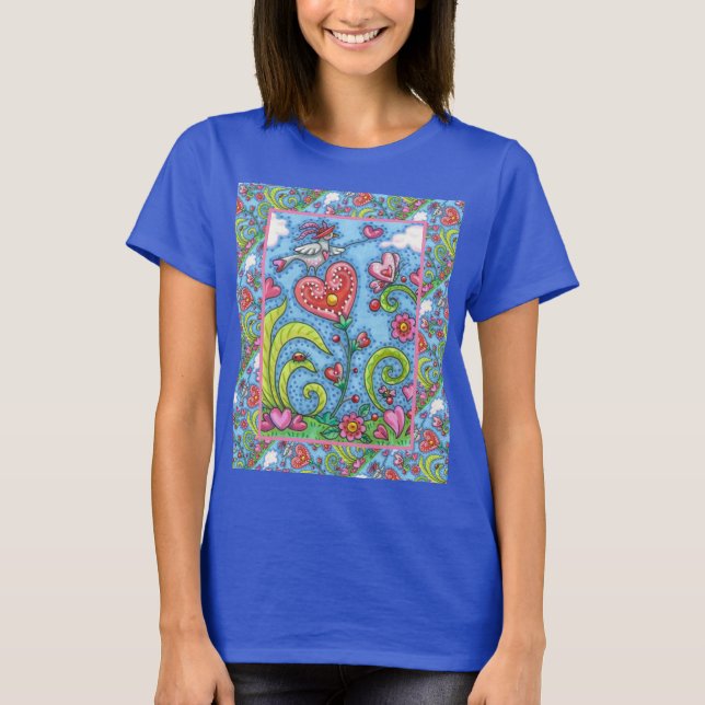WHIMSICAL FOLKART BIRD, VALENTINE HERZ GARDEN T-Shirt (Vorderseite)