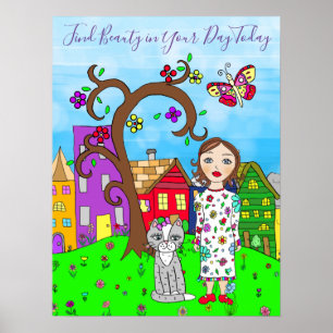 Whimsical Folkart, Lady and Cat in Village Poster