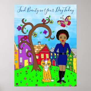 Whimsical Folkart, Lady and Cat in Village Poster
