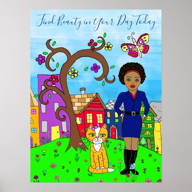 Whimsical Folkart, Lady and Cat in Village Poster (Vorne)