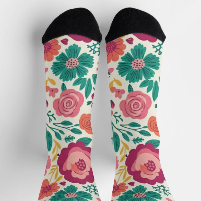 Whimsical Folksy Floral Bloom Pattern Socken (Oben)